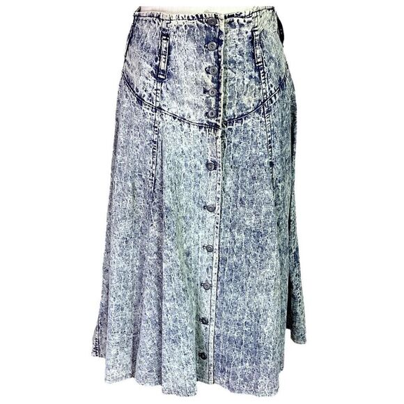 Vintage Blue Denim Skirt Vintage 80s Size 9/10 Juniors Acid Wash Button Up Midi - Picture 1 of 6